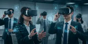 Business professionals in VR headsets collaborating in a secure virtual environment, illustrating data privacy compliance in immersive workflows.