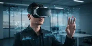 Professional immersed in a 120Hz VR business training simulation, highlighting advanced display technology