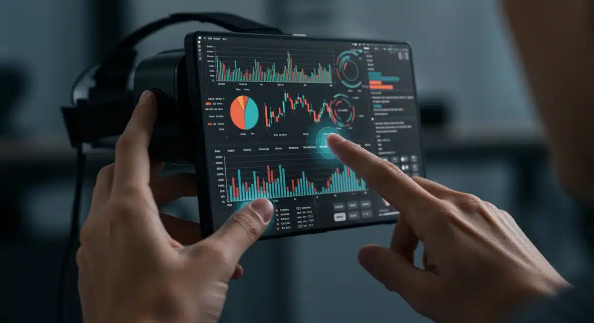 New hire interacting with a virtual financial dashboard in a VR training simulation.