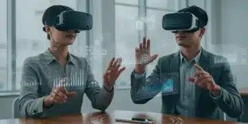 Hybrid team collaborating in a futuristic VR meeting room, showcasing virtual reality apps.