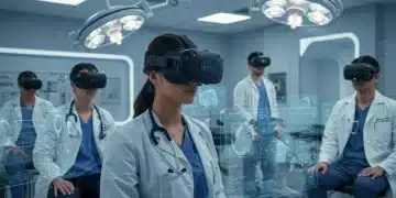 Medical professionals training with VR headsets in a simulated operating room