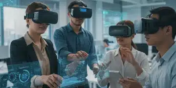 New employees using VR headsets for immersive onboarding training in a modern office setting.