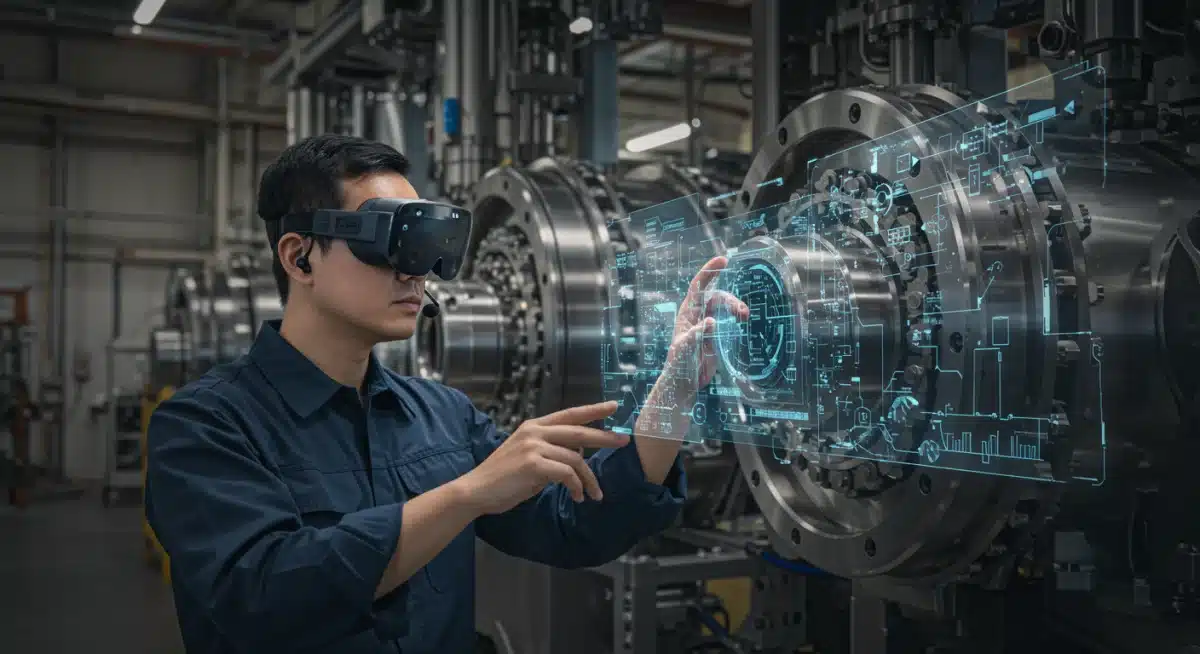 Field service technician using AR glasses for real-time remote assistance in an industrial setting