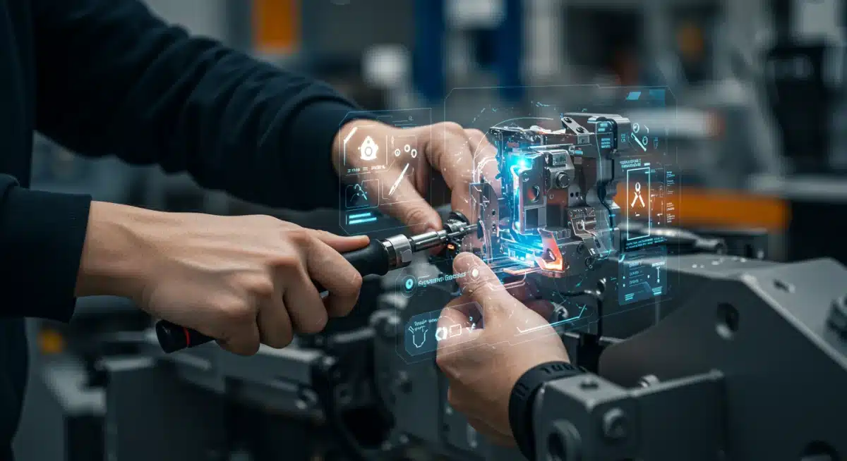 Worker performing assembly with AR overlay guidance, demonstrating enhanced precision and efficiency.