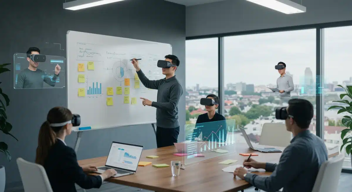 Immersive AR virtual meeting with avatars collaborating on a holographic whiteboard.