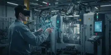 Technician using AR headset to guide manufacturing process