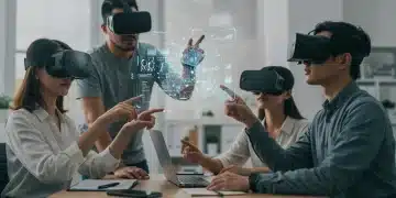 Remote team collaborating with augmented reality headsets on a holographic project, enhancing productivity.