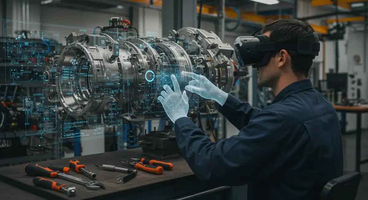 AR technician performing remote maintenance with overlaid instructions and expert guidance.