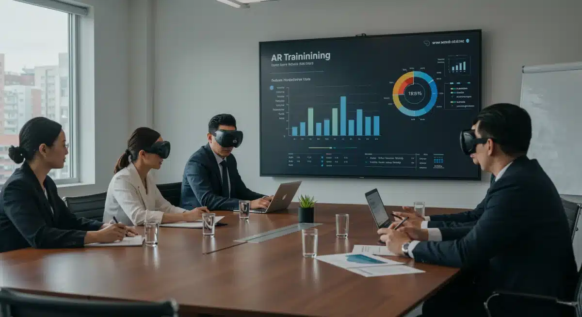 Executives analyzing AR training impact data, showing positive ROI and improved operational metrics.