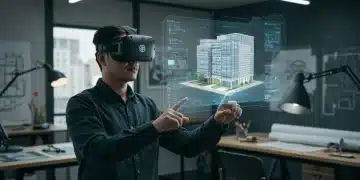 Architect using ArchViz Pro VR headset to review a virtual building design.