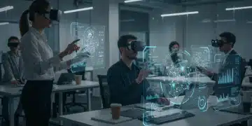 Futuristic business professionals collaborating with augmented reality, highlighting enterprise scalability
