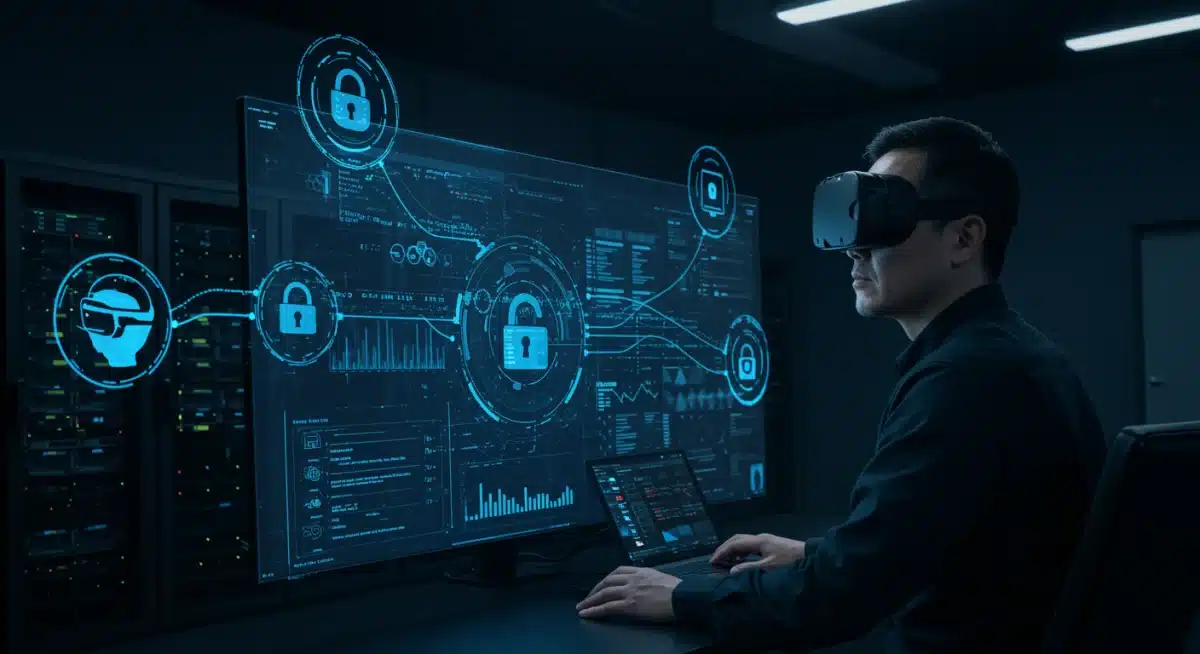 Cybersecurity professional monitoring encrypted data streams across enterprise VR network.