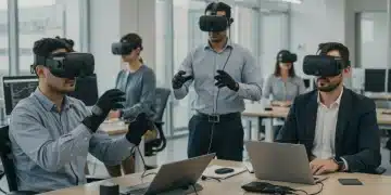 Professionals using enterprise VR headsets with accessories in a modern U.S. office.