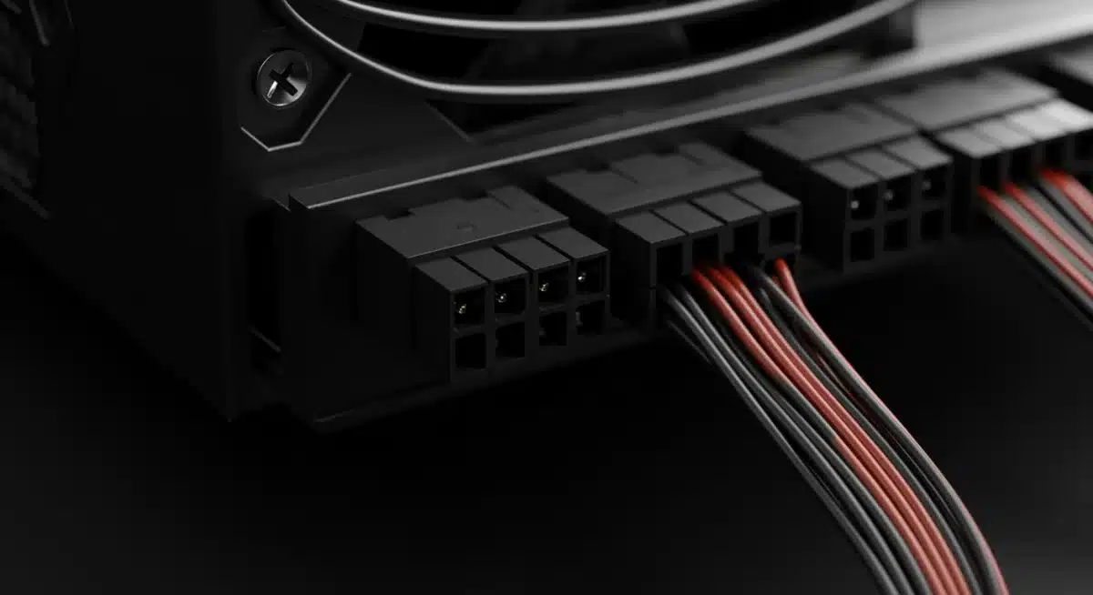 Close-up of diverse PSU connectors for high-end graphics card in VR workstation.