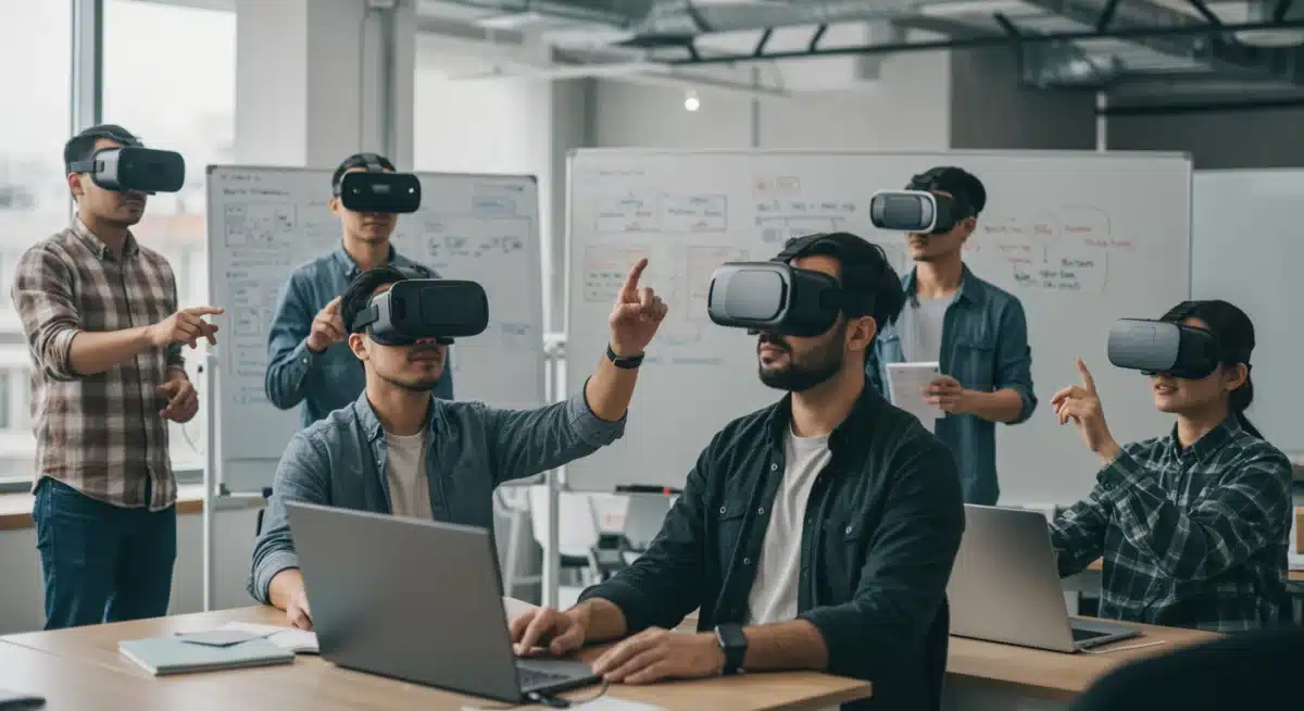 US developers collaborating on VR projects with eye-tracking headsets