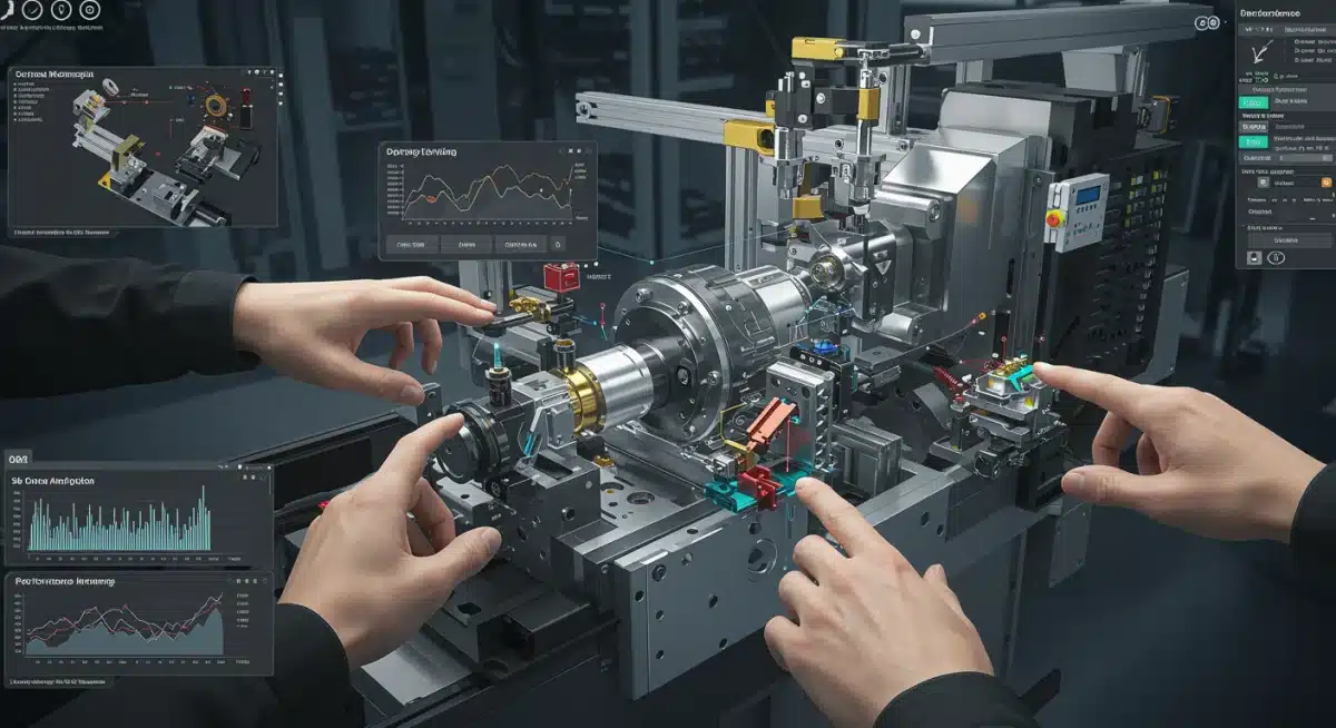 Detailed VR simulation showing a manufacturing assembly process with performance metrics.