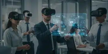 Business professionals collaborating with VR headsets and holographic displays showcasing system integration.