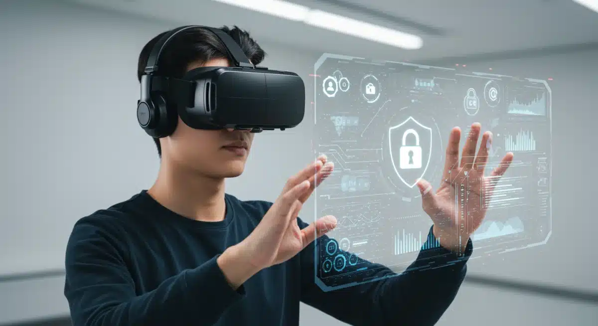 User in VR headset engaging with data encryption and security protocols.