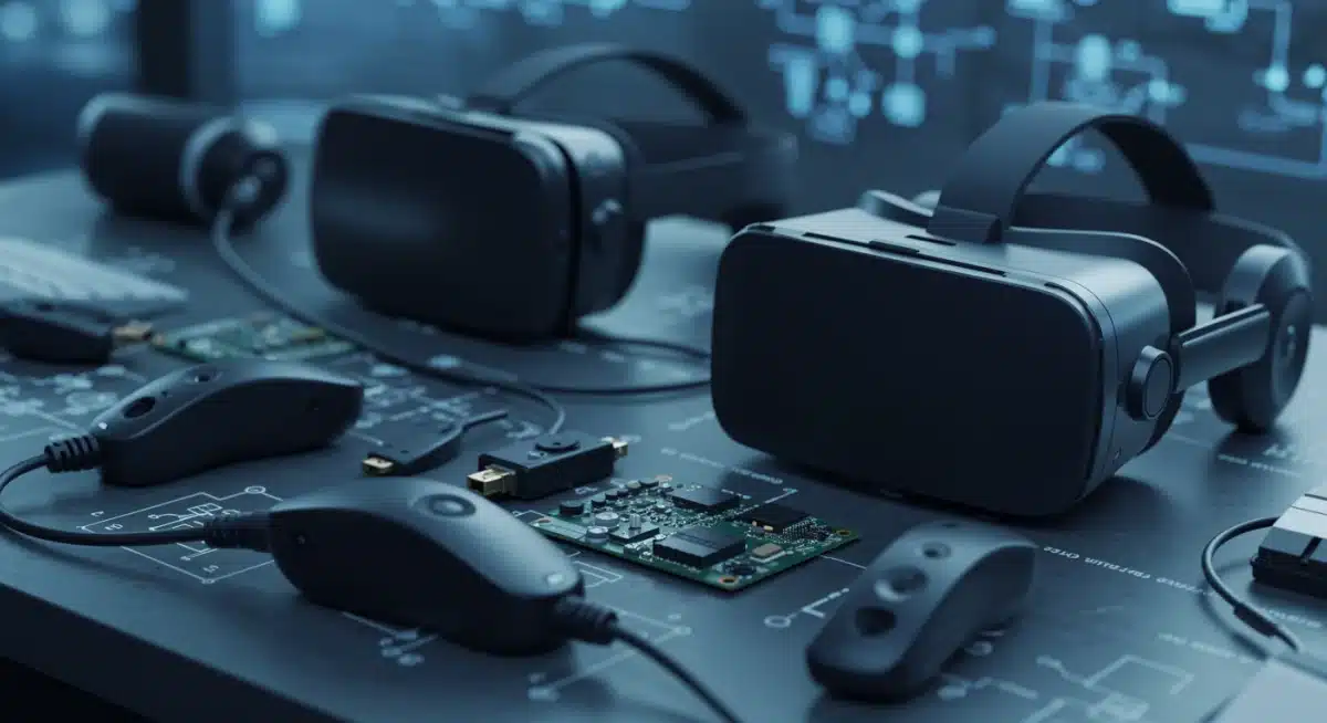 Close-up of diverse VR hardware components on a workbench, representing compatibility challenges.