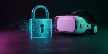 Futuristic VR headset with digital padlock symbolizing strong hardware security.