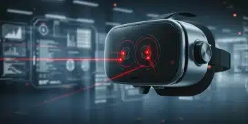 Futuristic VR headset with visible eye-tracking technology and virtual interface