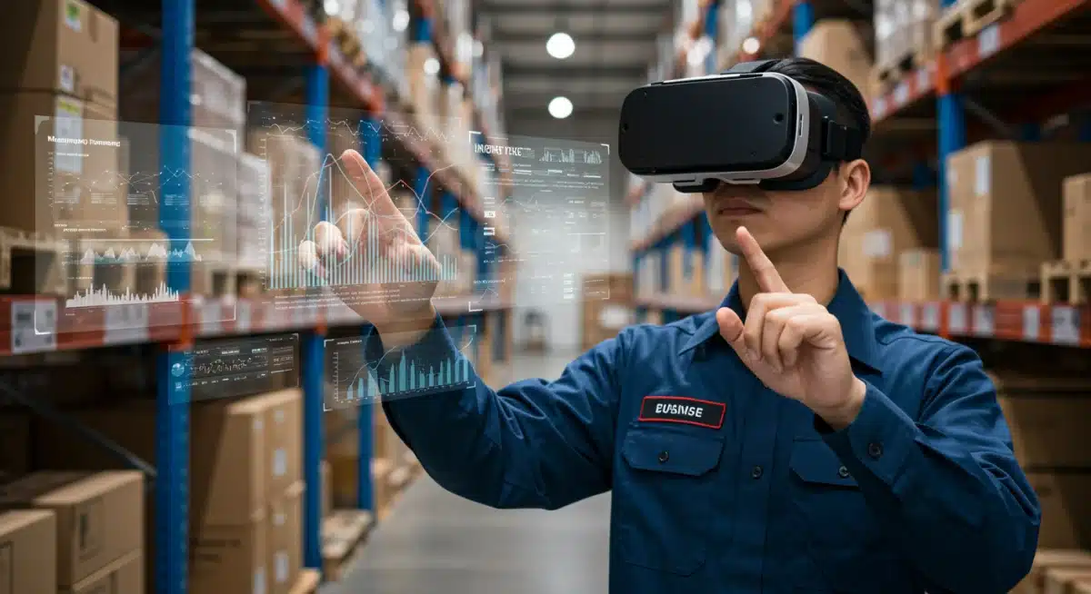 Logistics professional in a US warehouse using a VR headset to interact with real-time inventory data and virtual models.