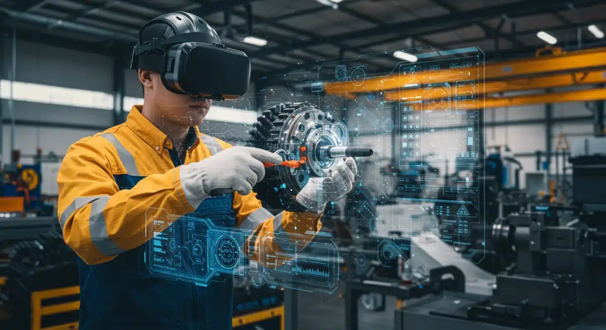 Worker performing complex machinery repair in a realistic VR training simulation.