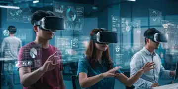 Remote team collaborating in a futuristic VR office, boosting productivity