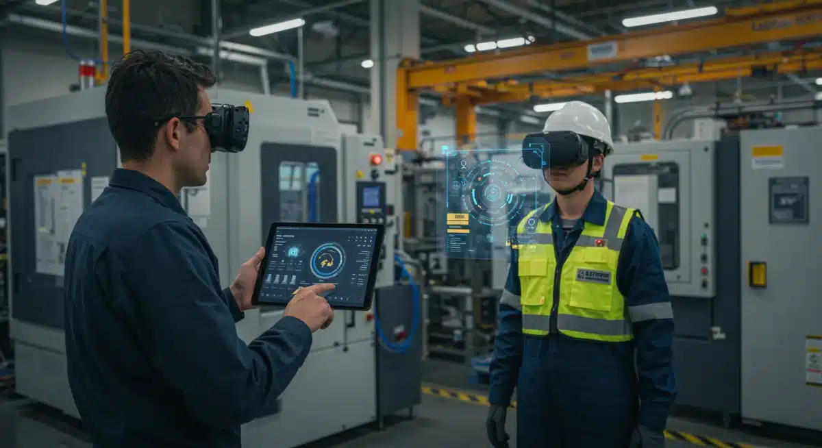 Supervisor monitoring VR safety training in a manufacturing environment.