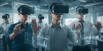 Professionals using VR headsets for immersive skills training in a modern workplace setting.