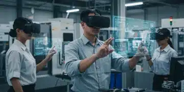 Manufacturing workers using VR headsets for training in a high-tech factory setting.