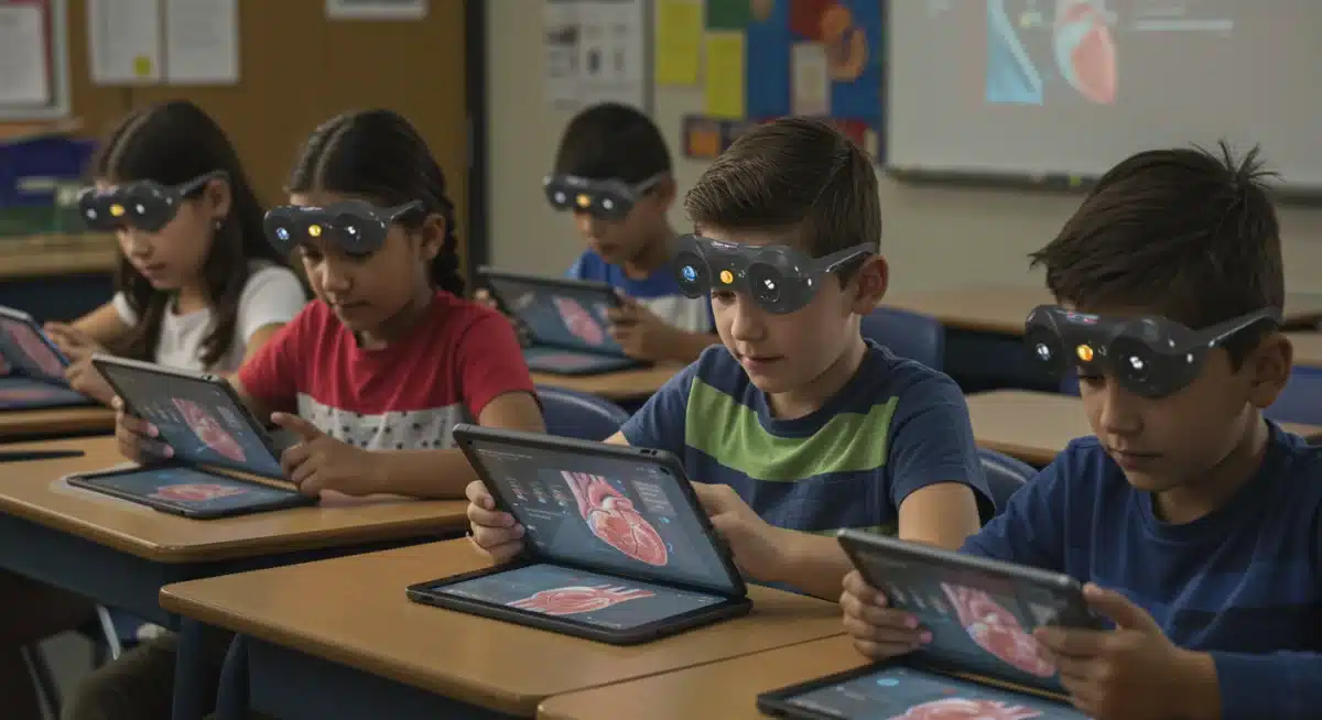Elementary students using AR tablets to learn human anatomy interactively.