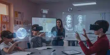 Students learning with augmented reality in a modern classroom, interacting with holographic projections.