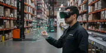 Warehouse worker using AR headset for order picking in a modern logistics facility.