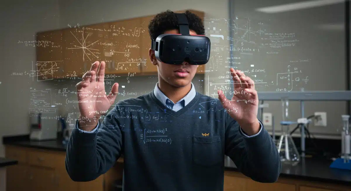 High school student utilizing AR glasses for interactive science and math learning in a lab.