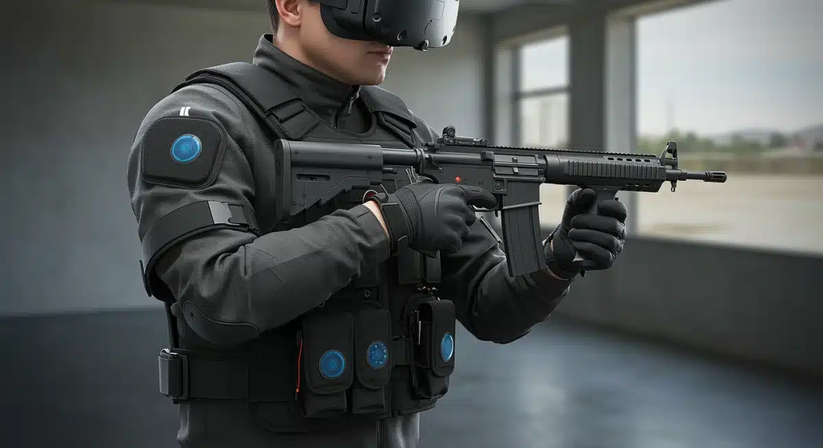 Trainee experiencing full-body haptic feedback in a military VR simulation