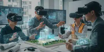 Architects and engineers using VR headsets to review building designs collaboratively.