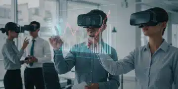 Professionals using VR headsets in a modern office, analyzing financial data