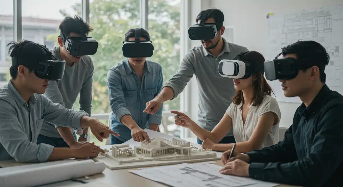 Creative professionals collaborating in a virtual reality meeting room