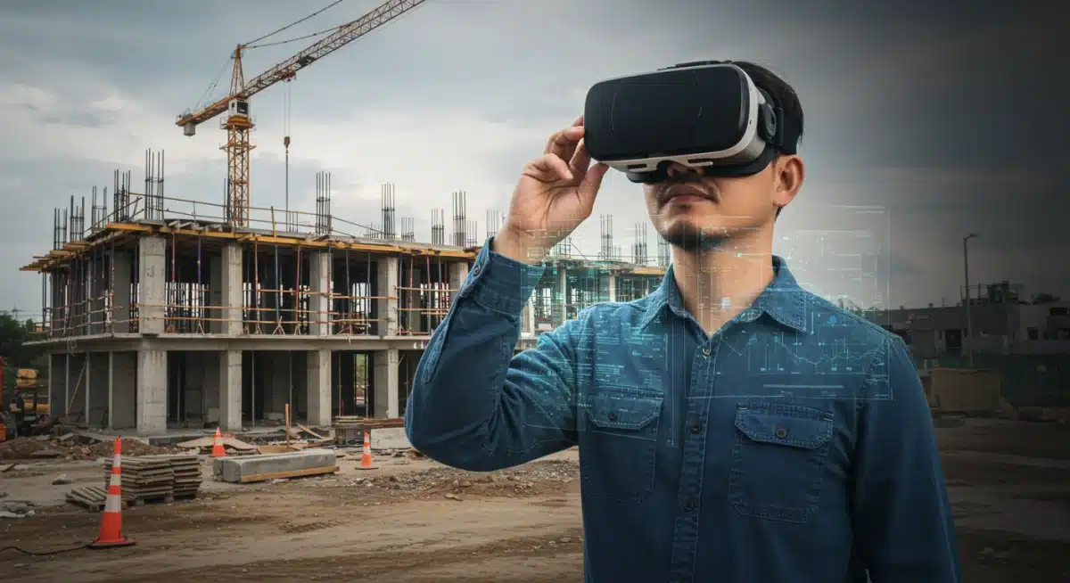 Construction foreman using VR for real-time site progress monitoring.