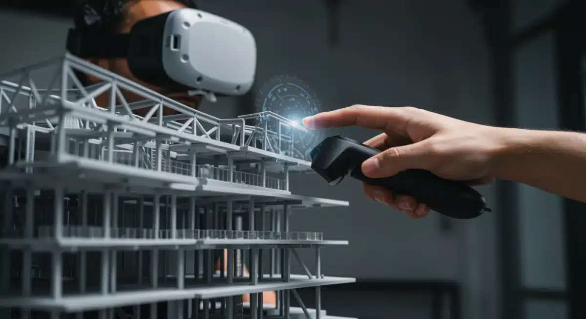 Engineer's hand interacting with a virtual architectural model in VR.