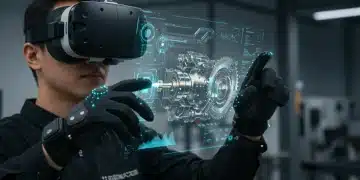 Person wearing VR headset and advanced haptic gloves for training simulation