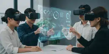 Professionals collaborating in a virtual reality project management environment.