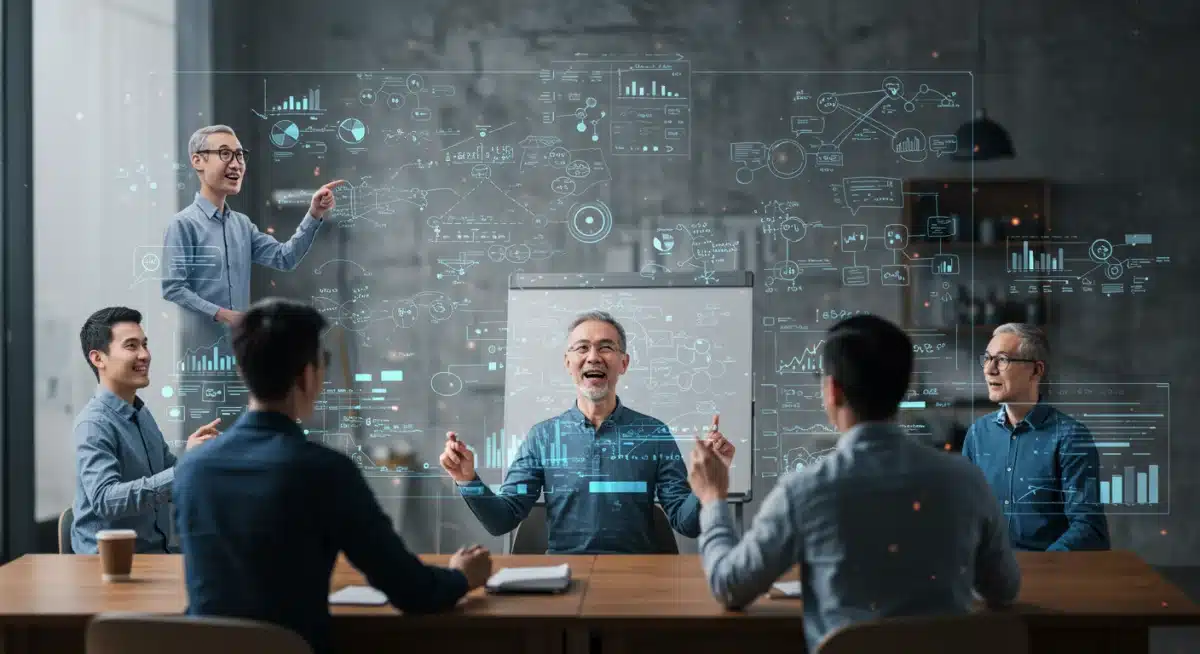 Avatars of remote workers brainstorming in a virtual reality meeting room.