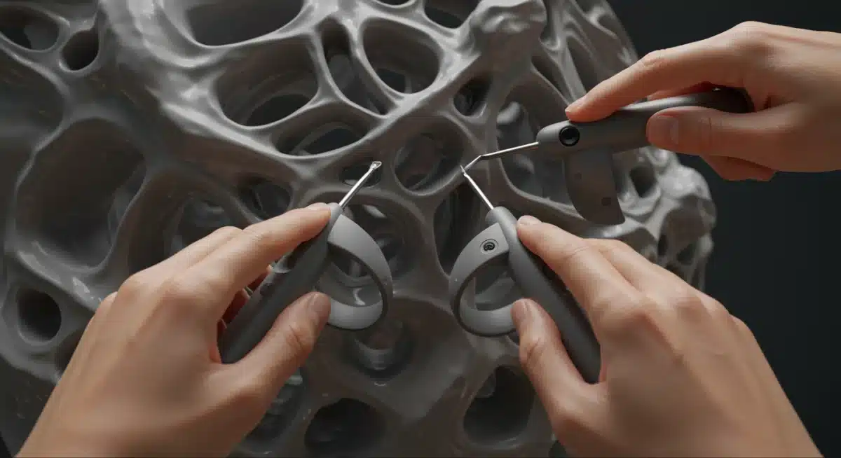 Hands interacting with virtual sculpting tools in VR