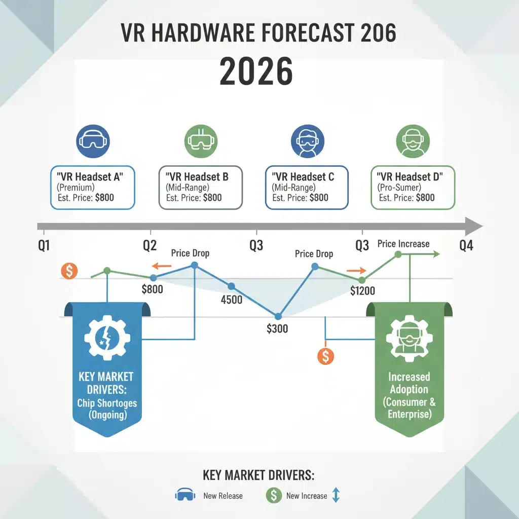 Infographic showing 2026 VR hardware market trends and price predictions.