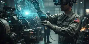 Field service technician using AR headset for equipment repair
