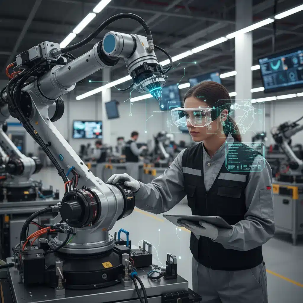 Engineer using AR smart glasses for real-time equipment diagnostics and maintenance in a factory.