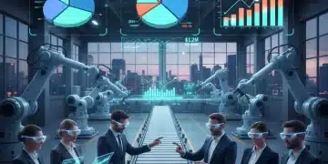 Augmented reality overlays displaying efficiency metrics and cost savings in a modern factory environment.