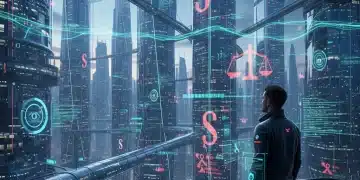 Augmented reality overlays showing data privacy and compliance symbols over a futuristic city.